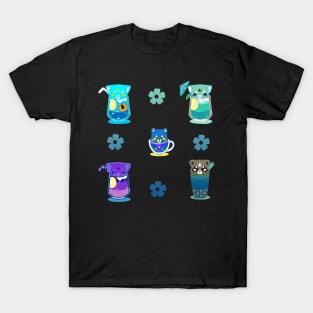 Cat boba tea cute kawaii drinks blue and turquoise T-Shirt